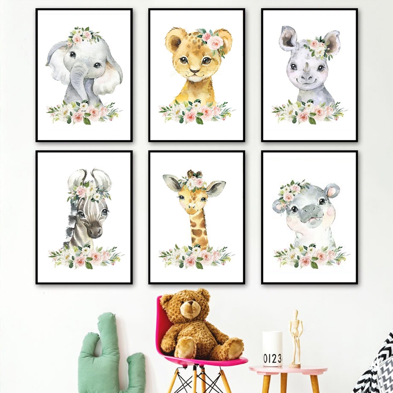 Baby Nursery Jungle - Blumen-Dschungeltiere Leinwanddrucke Kinderzimmer-Dekoration Elefant Giraffe Gemälde