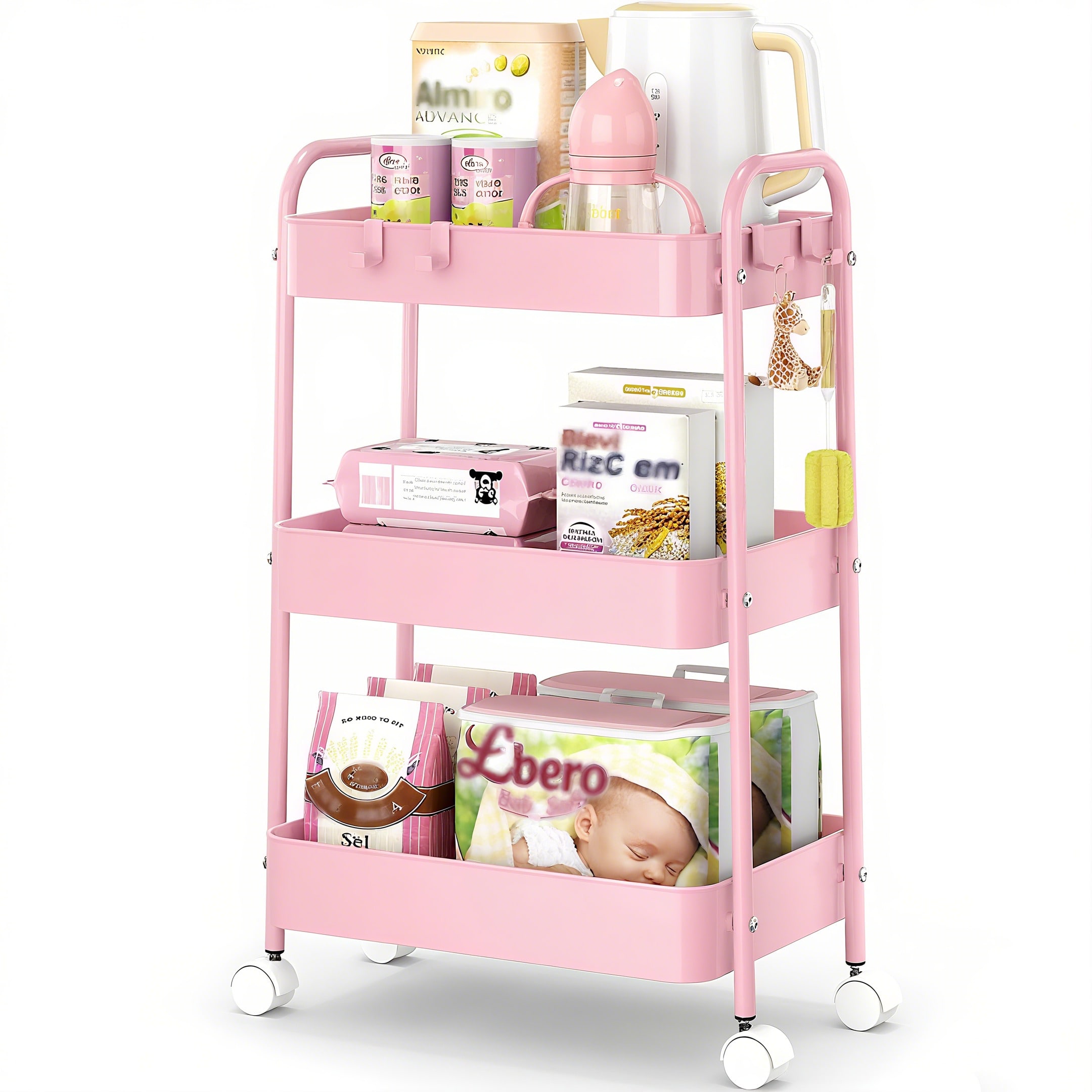 Baby Nursery Trolley - 3-stufiger Metall-Rollwagen mit Rädern, moderner pinker