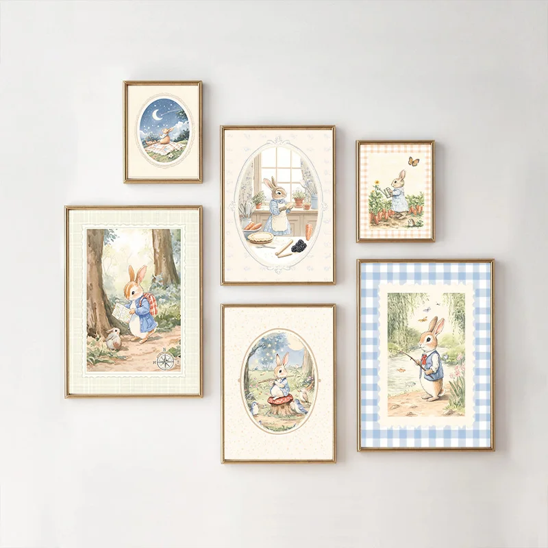 Baby Nursery Vintage Decor - (2D-Leinwandgemälde) Vintage Boho Blue Plaid Rabbit