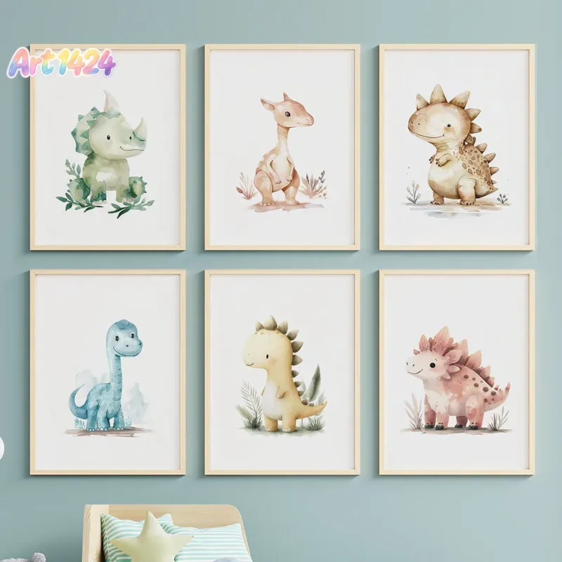 Baby Nursery Jungle - Cartoon-Dinosaurier-Dschungel Kawaii Dino Baby-Shower-Poster Kinderzimmer Leinwandgemälde