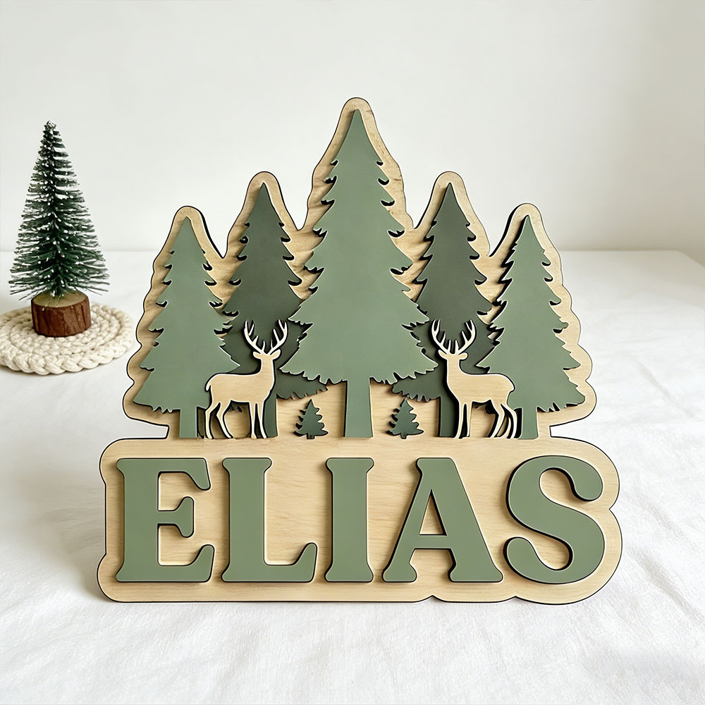 Baby Nursery Mountain Theme - Personalisiertes Wald-Elch-Kiefern-Türschild für Kinderzimmer, Individuelles Nordisches