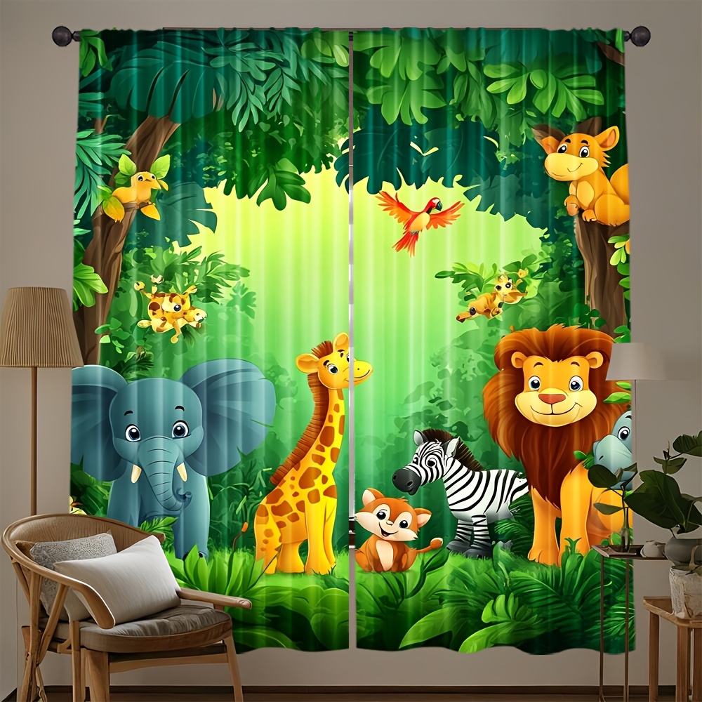 Baby Nursery Curtains - 2 Stück Cartoon-Tier-Vorhänge mit Dschungel-Safari-Druck aus