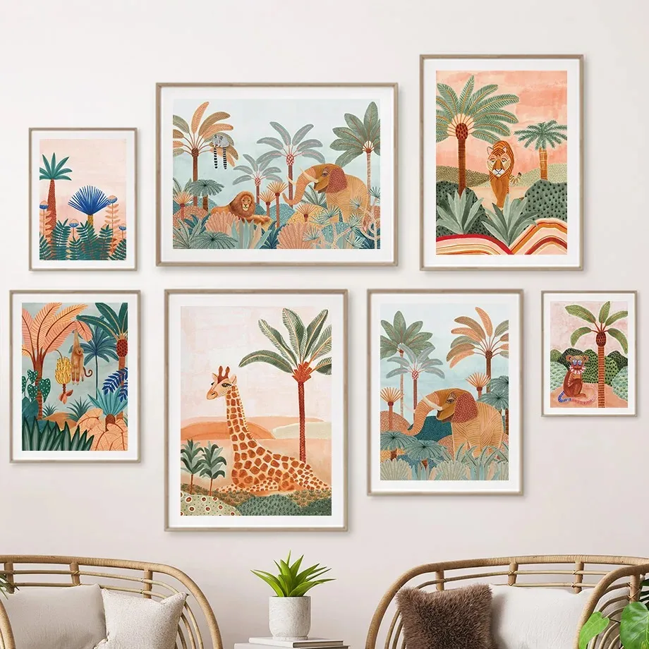 Baby Nursery Jungle - Boho Dschungeltiere Tiger Affe Giraffe Kokospalme
