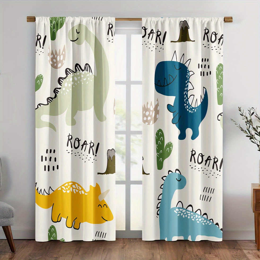 Blackout Curtain Nursery - Cartoon-Dinosaurier-Vorhänge, 2 Stück – niedliche grün-blaue-gelbe