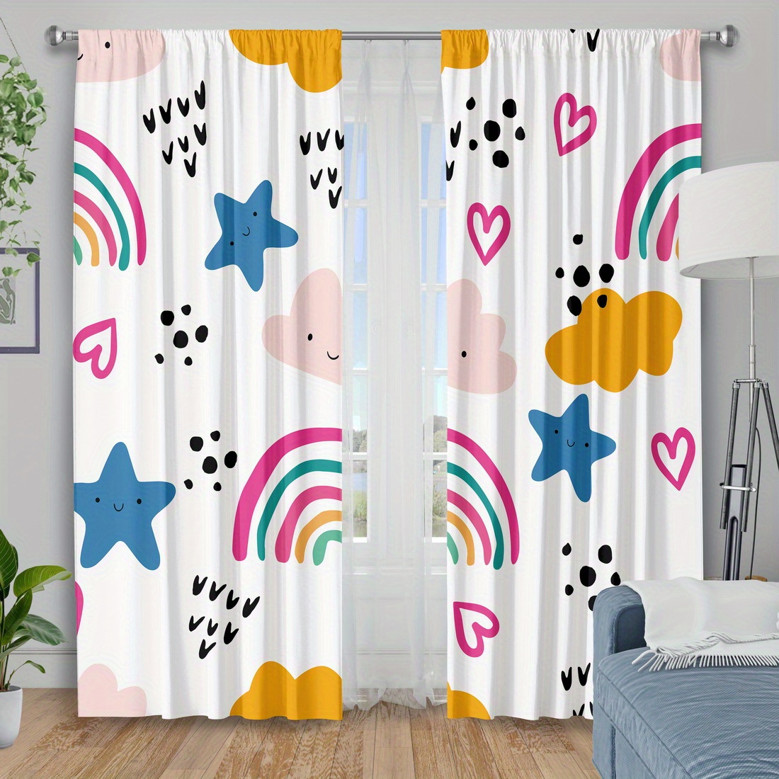 Baby Nursery Curtains - Niedlicher Regenbogen-Sterne-Herzen Kinderzimmer-Vorhang für Baby- und
