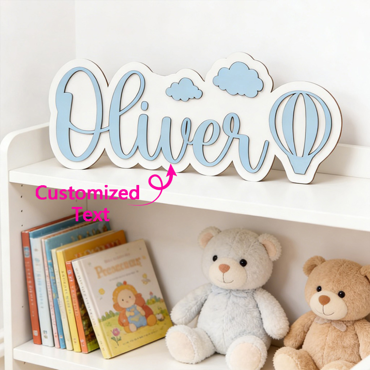 Baby Nursery In - Personalisiertes Heißluftballon- & Wolken-Namensschild, Anpassbare Pastellblaue